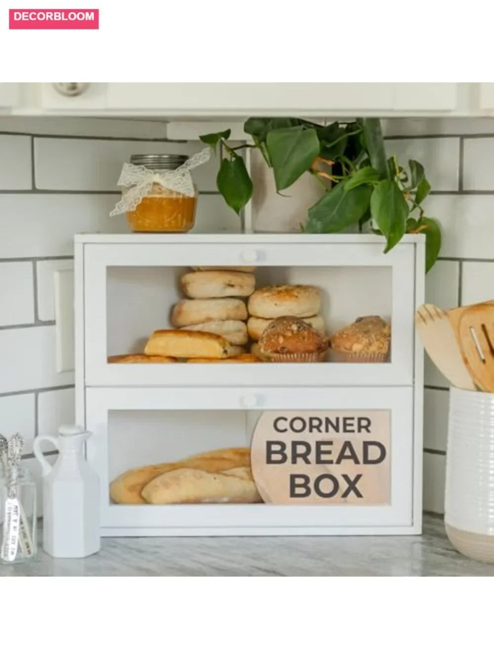Extra Large Bamboo Corner Bread Box with Airtight Double Layer Storage for
